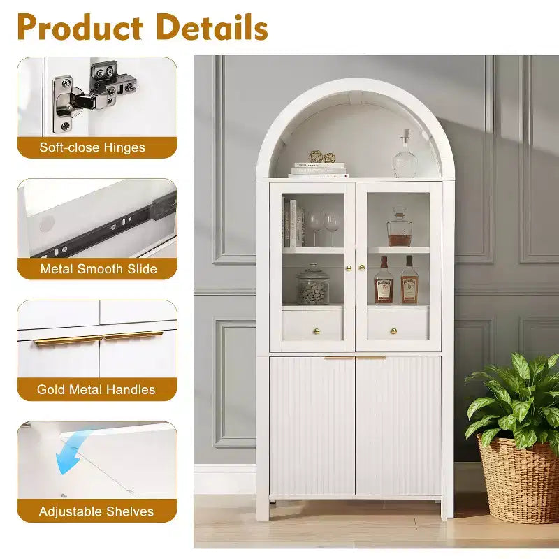 Zeus & Ruta 71 Tall Arched Fluted Kitchen Pantry Cabinet with Glass Door, Adjustable Shelves, Hidden Drawer
