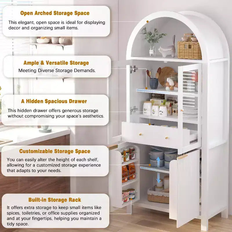 Zeus & Ruta 71 Tall Arched Fluted Kitchen Pantry Cabinet with Glass Door, Adjustable Shelves, Hidden Drawer