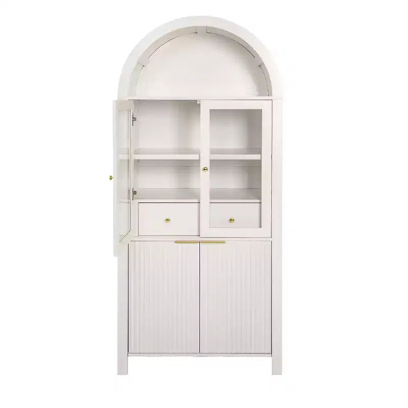 Zeus & Ruta 71 Tall Arched Fluted Kitchen Pantry Cabinet with Glass Door, Adjustable Shelves, Hidden Drawer