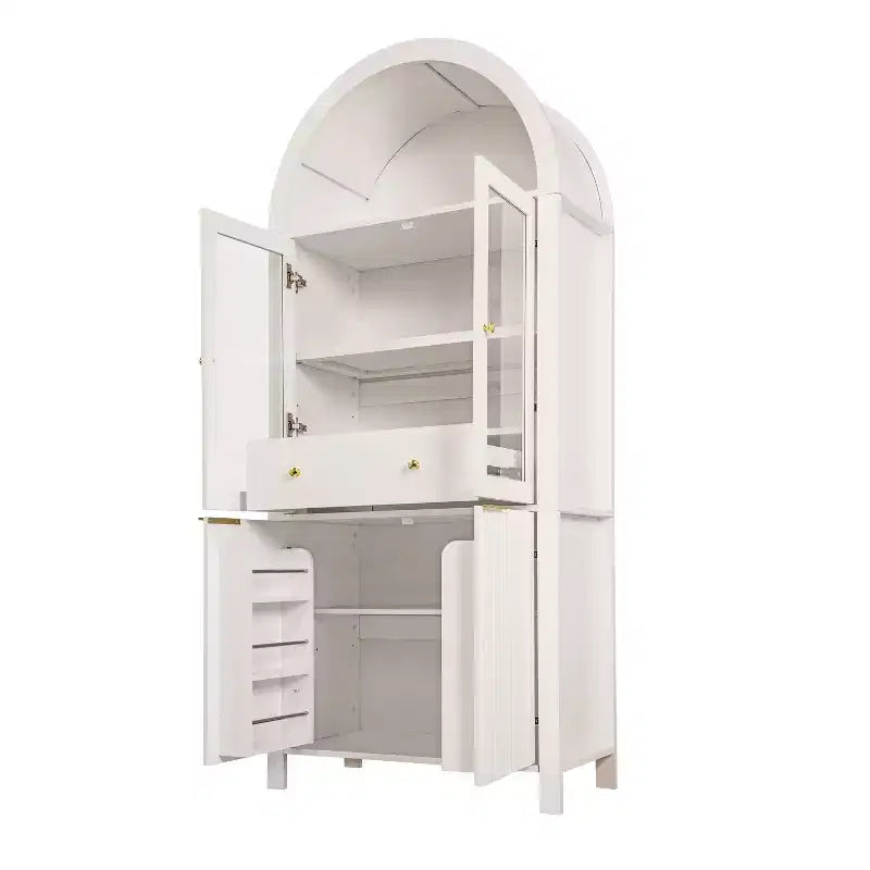 Zeus & Ruta 71 Tall Arched Fluted Kitchen Pantry Cabinet with Glass Door, Adjustable Shelves, Hidden Drawer