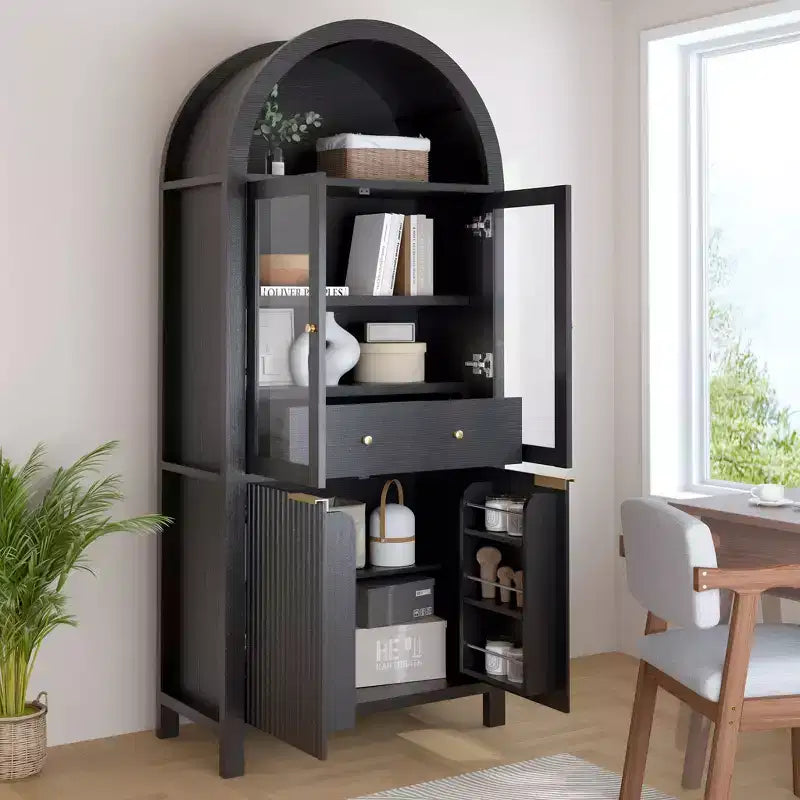 Zeus & Ruta 71 Tall Arched Fluted Kitchen Pantry Cabinet with Glass Door, Adjustable Shelves, Hidden Drawer