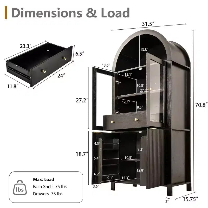 Zeus & Ruta 71 Tall Arched Fluted Kitchen Pantry Cabinet with Glass Door, Adjustable Shelves, Hidden Drawer