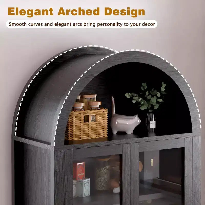 Zeus & Ruta 71 Tall Arched Fluted Kitchen Pantry Cabinet with Glass Door, Adjustable Shelves, Hidden Drawer