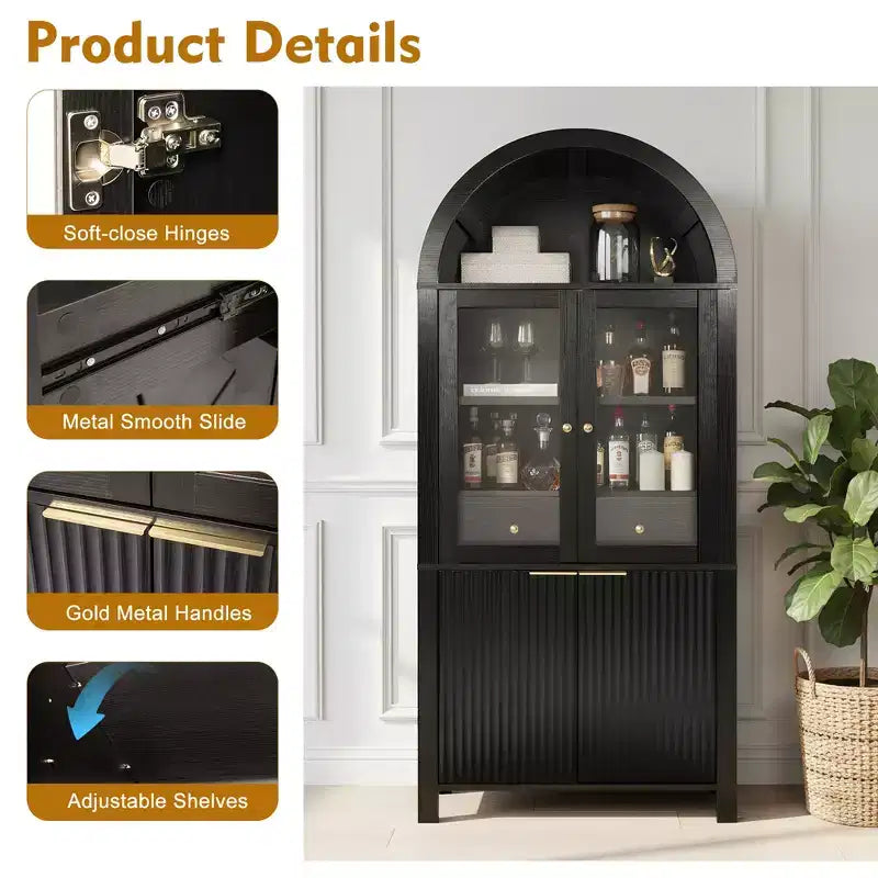 Zeus & Ruta 71 Tall Arched Fluted Kitchen Pantry Cabinet with Glass Door, Adjustable Shelves, Hidden Drawer