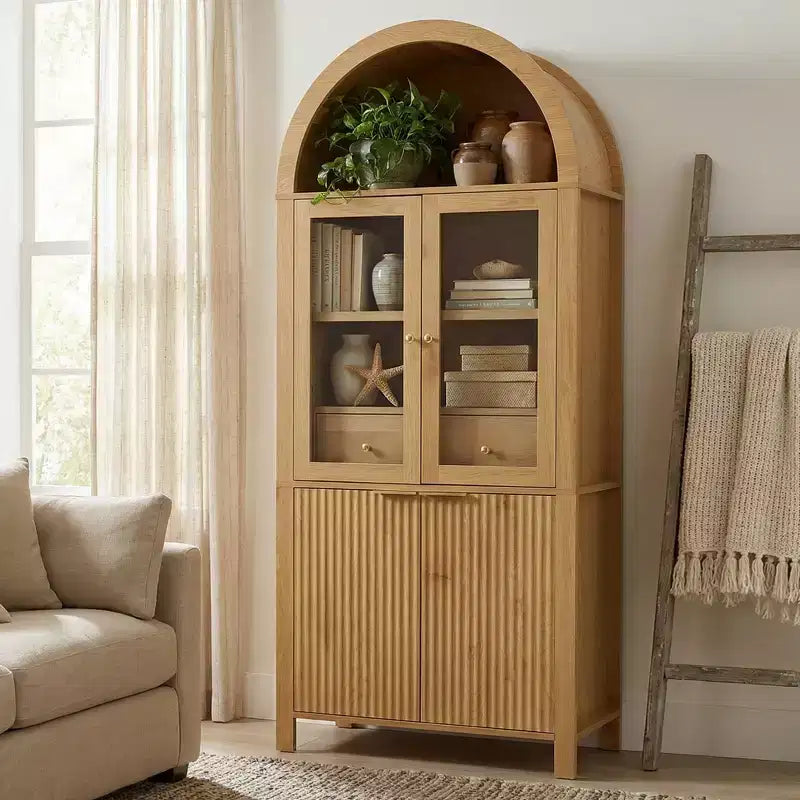 Zeus & Ruta 71 Tall Arched Fluted Kitchen Pantry Cabinet with Glass Door, Adjustable Shelves, Hidden Drawer