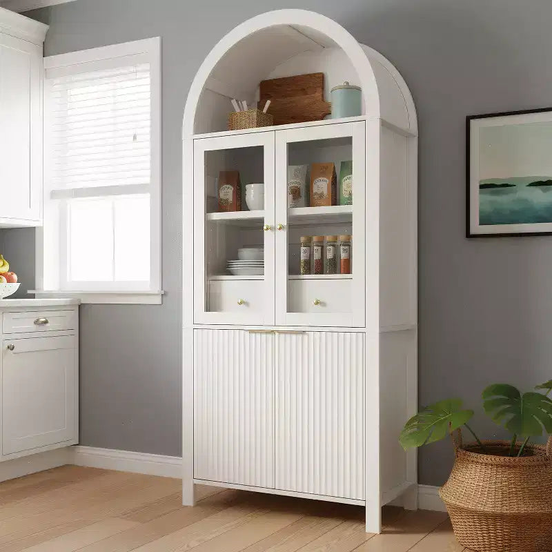 Zeus & Ruta 71 Tall Arched Fluted Kitchen Pantry Cabinet with Glass Door, Adjustable Shelves, Hidden Drawer