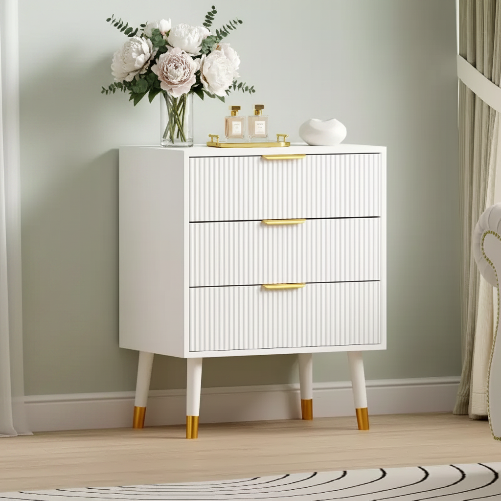Commode cannelée à 3 tiroirs, meuble de rangement moderne en bois