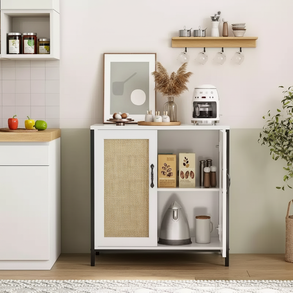 Meuble de rangement en rotin avec portes et étagères