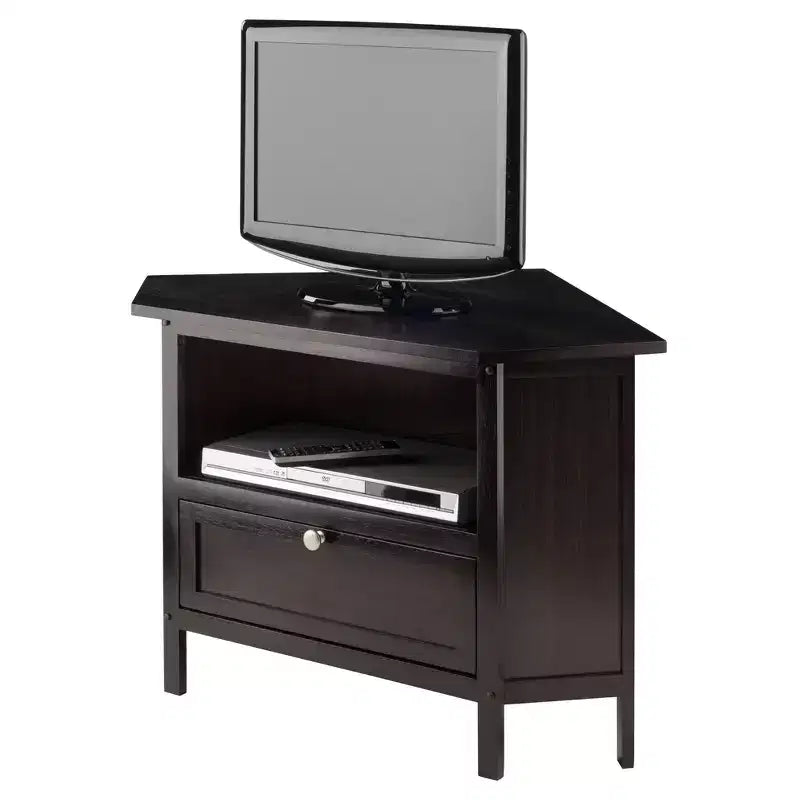 Winsome Zena Corner TV Stand for TVs up to 27" Espresso: Mid-Century Modern, Open Shelving, MDF Wood