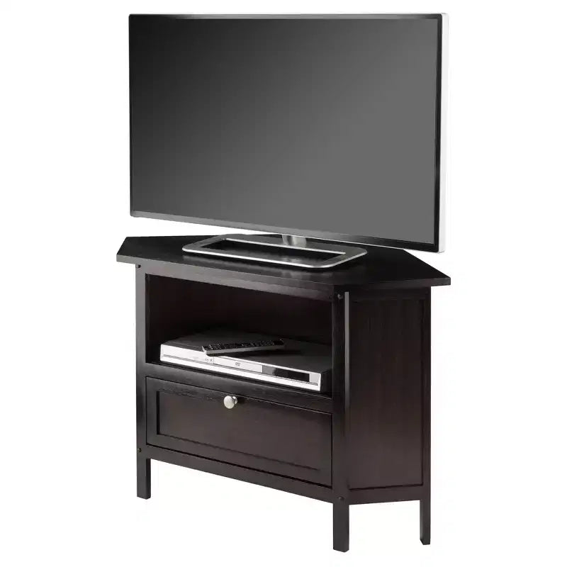 Winsome Zena Corner TV Stand for TVs up to 27" Espresso: Mid-Century Modern, Open Shelving, MDF Wood