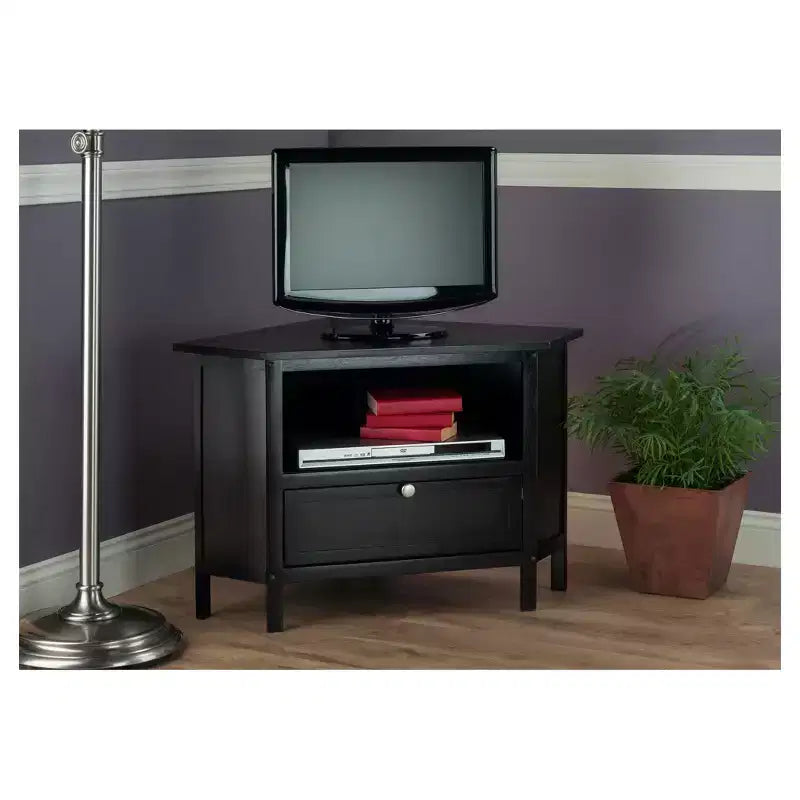 Winsome Zena Corner TV Stand for TVs up to 27" Espresso: Mid-Century Modern, Open Shelving, MDF Wood