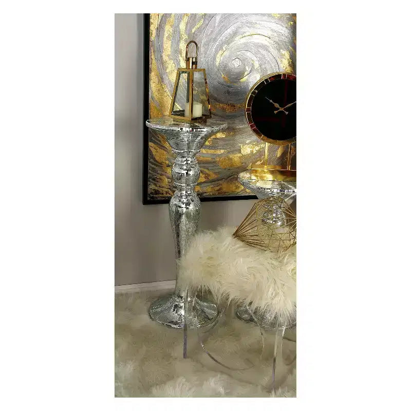 Olivia & May Resin Pedestal Accent Table Silver: Polystone Base, No Assembly, Glass Top