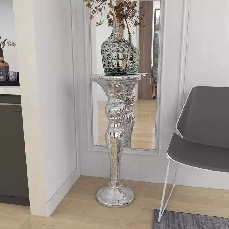 Olivia & May Resin Pedestal Accent Table Silver: Polystone Base, No Assembly, Glass Top