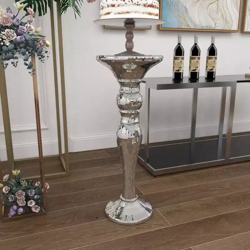 Olivia & May Resin Pedestal Accent Table Silver: Polystone Base, No Assembly, Glass Top