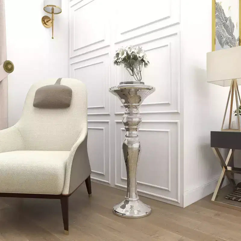Olivia & May Resin Pedestal Accent Table Silver: Polystone Base, No Assembly, Glass Top