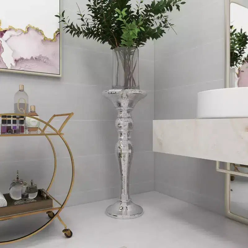 Olivia & May Resin Pedestal Accent Table Silver: Polystone Base, No Assembly, Glass Top