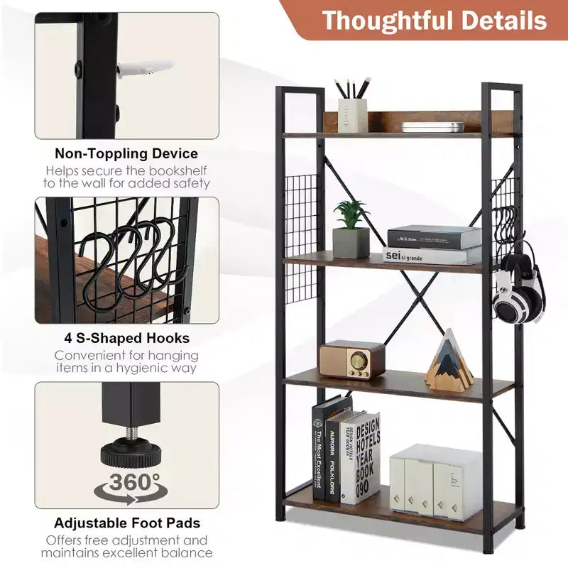 Costway 4 -Tier Industrial Bookshelf Open Storage Bookcase Display Shelf for Home Office