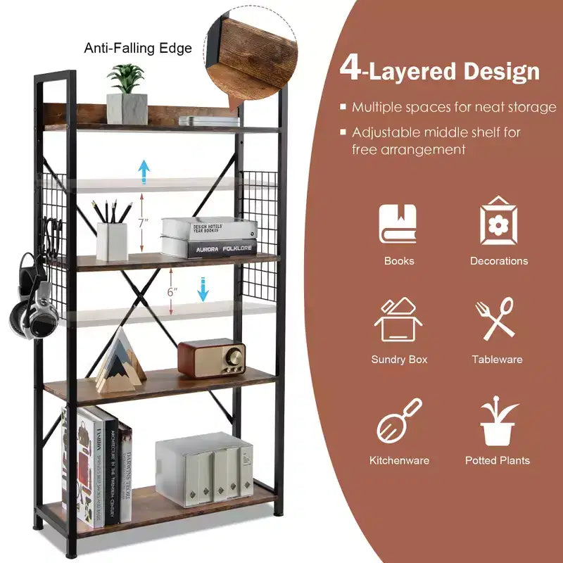 Costway 4 -Tier Industrial Bookshelf Open Storage Bookcase Display Shelf for Home Office