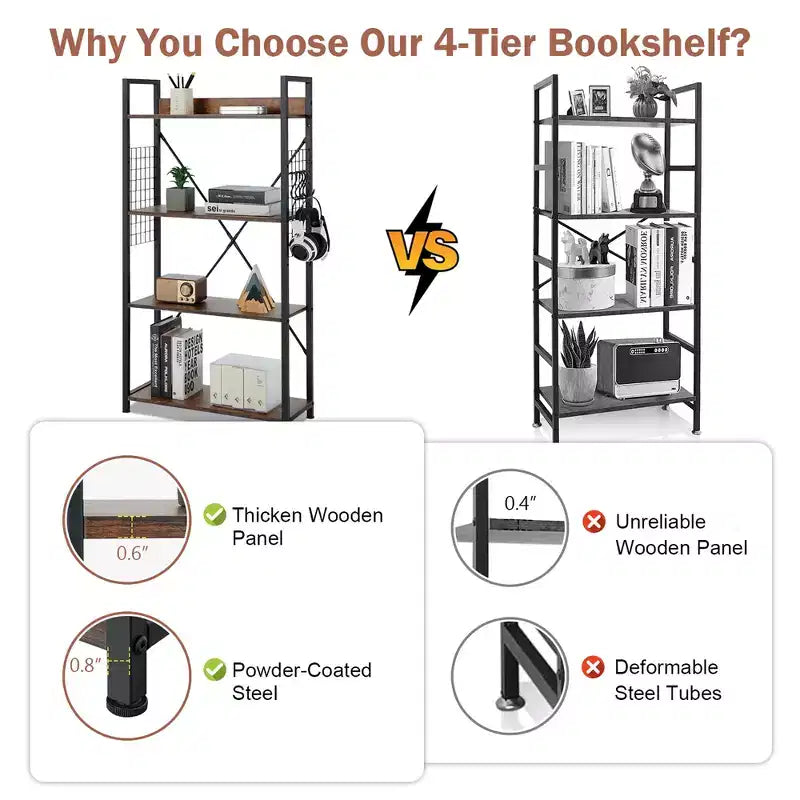 Costway 4 -Tier Industrial Bookshelf Open Storage Bookcase Display Shelf for Home Office