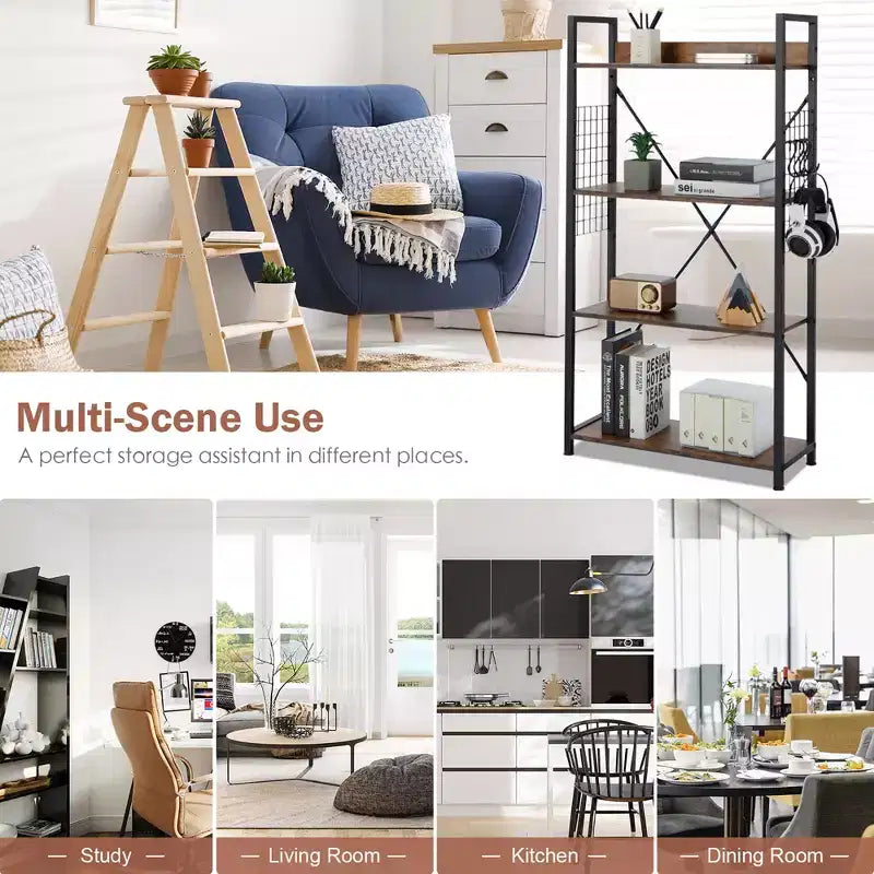 Costway 4 -Tier Industrial Bookshelf Open Storage Bookcase Display Shelf for Home Office