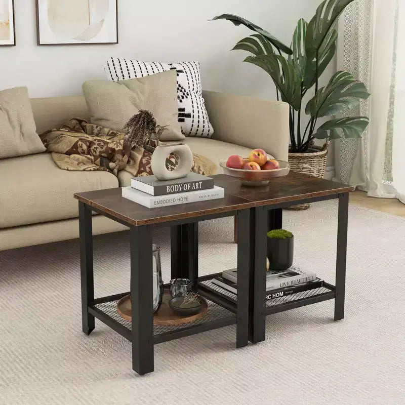 Costway Industrial End Table 2-Tier Side Table with Storage Shelf Rustic Sofa Table Black