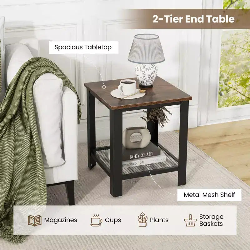 Costway Industrial End Table 2-Tier Side Table with Storage Shelf Rustic Sofa Table Black