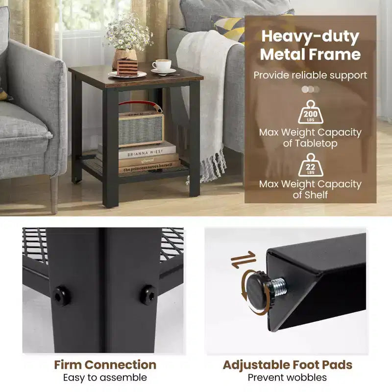 Costway Industrial End Table 2-Tier Side Table with Storage Shelf Rustic Sofa Table Black