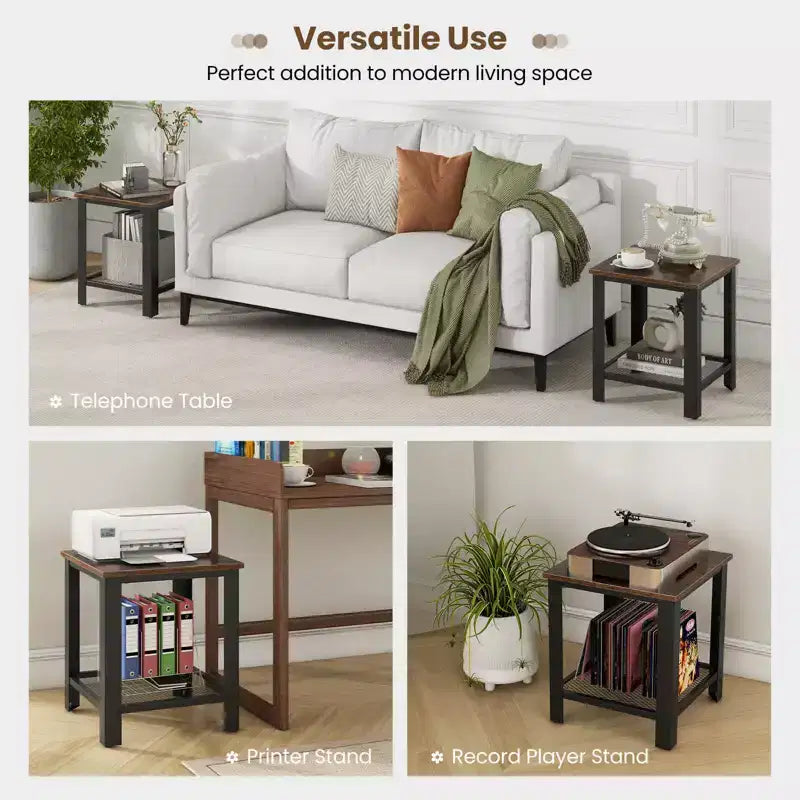 Costway Industrial End Table 2-Tier Side Table with Storage Shelf Rustic Sofa Table Black